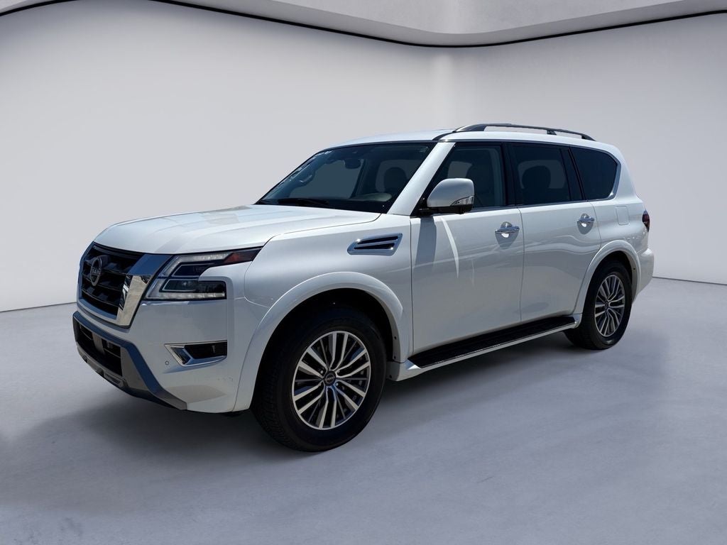 2023 Nissan Armada SL in Aspen White Tricoat — front three-quarter view