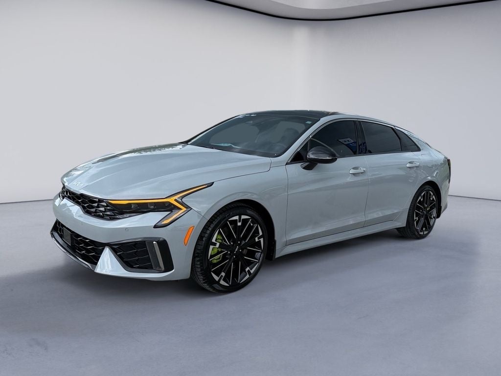 2025 Kia K5 GT in Wolf Gray — front three-quarter view
